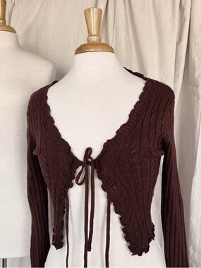 Cropped Brown Tie-Front Cable Knit Cardigan